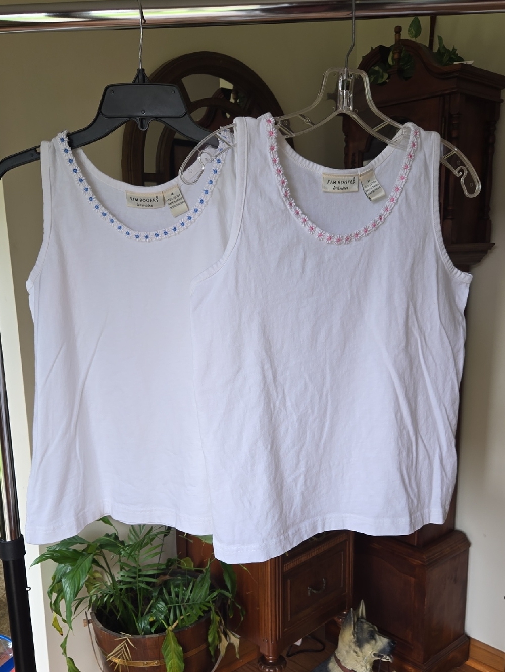 Women's Kim Rogers White Tank Top with Blue & Pink Floral Trim